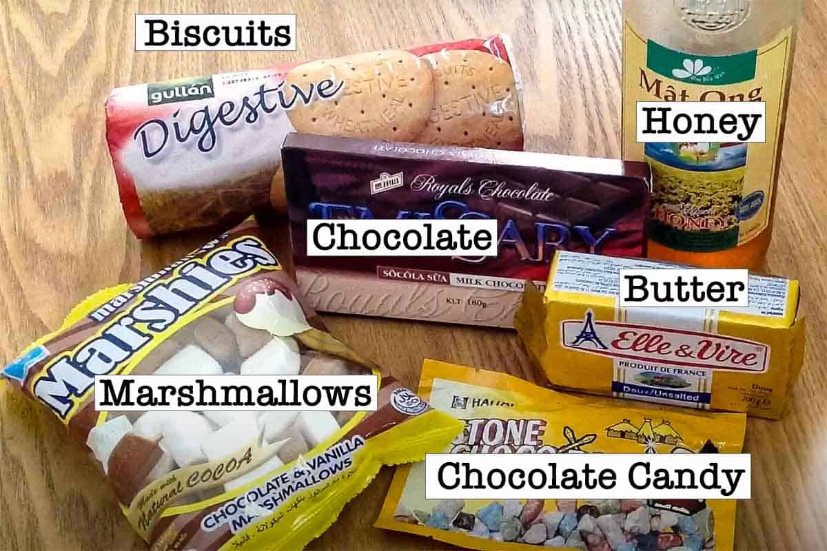 ingredients for rocky road bars laid out on table