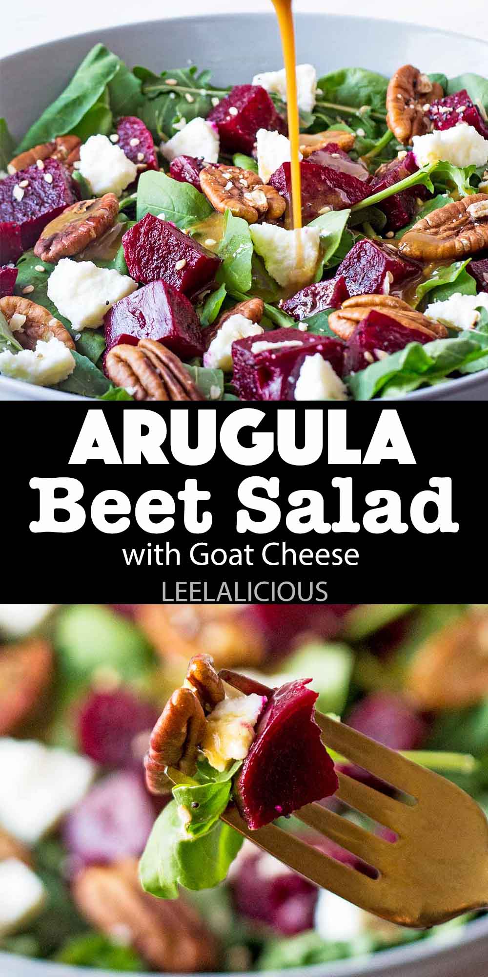 Arugula beet salat in bowl and close up on fork