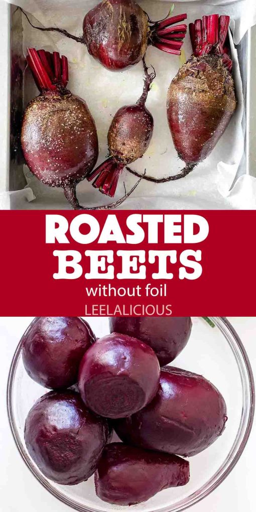 roasted beets in baking pan and in bowl