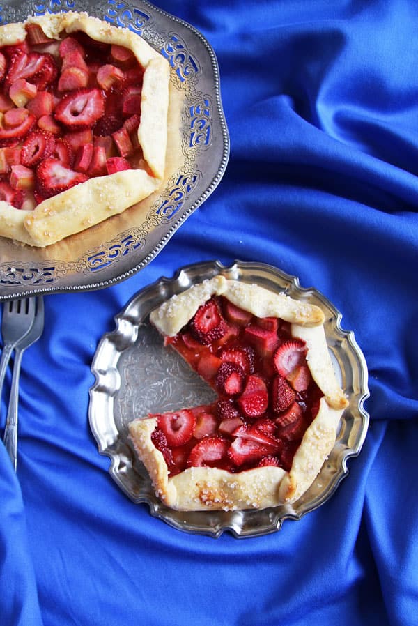 Strawberry Rhubarb Galette on silver tray