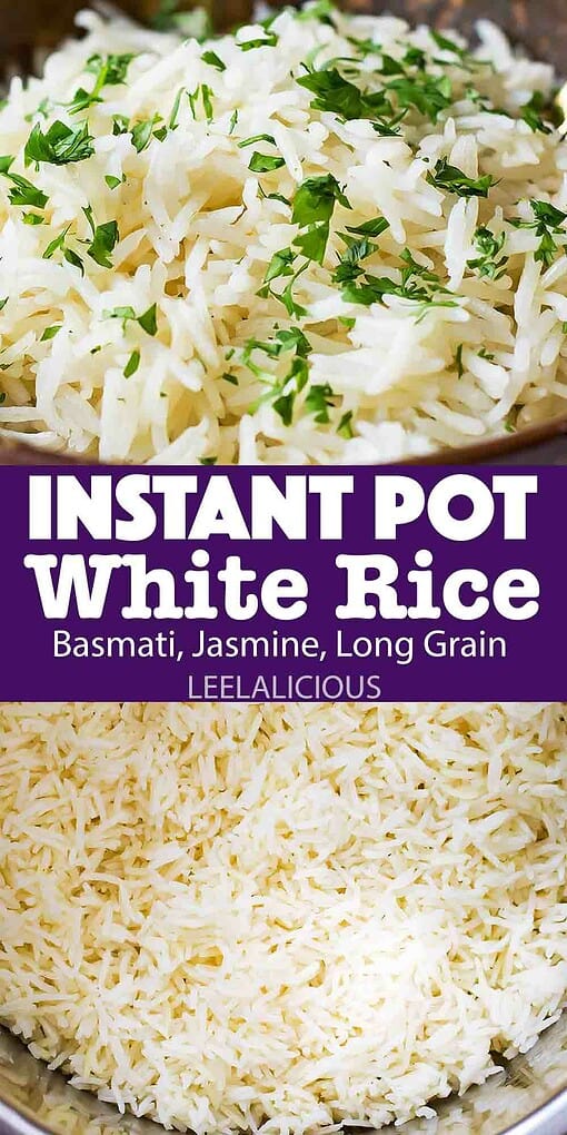 white rice in bowl with chopped parsley and in instant pot