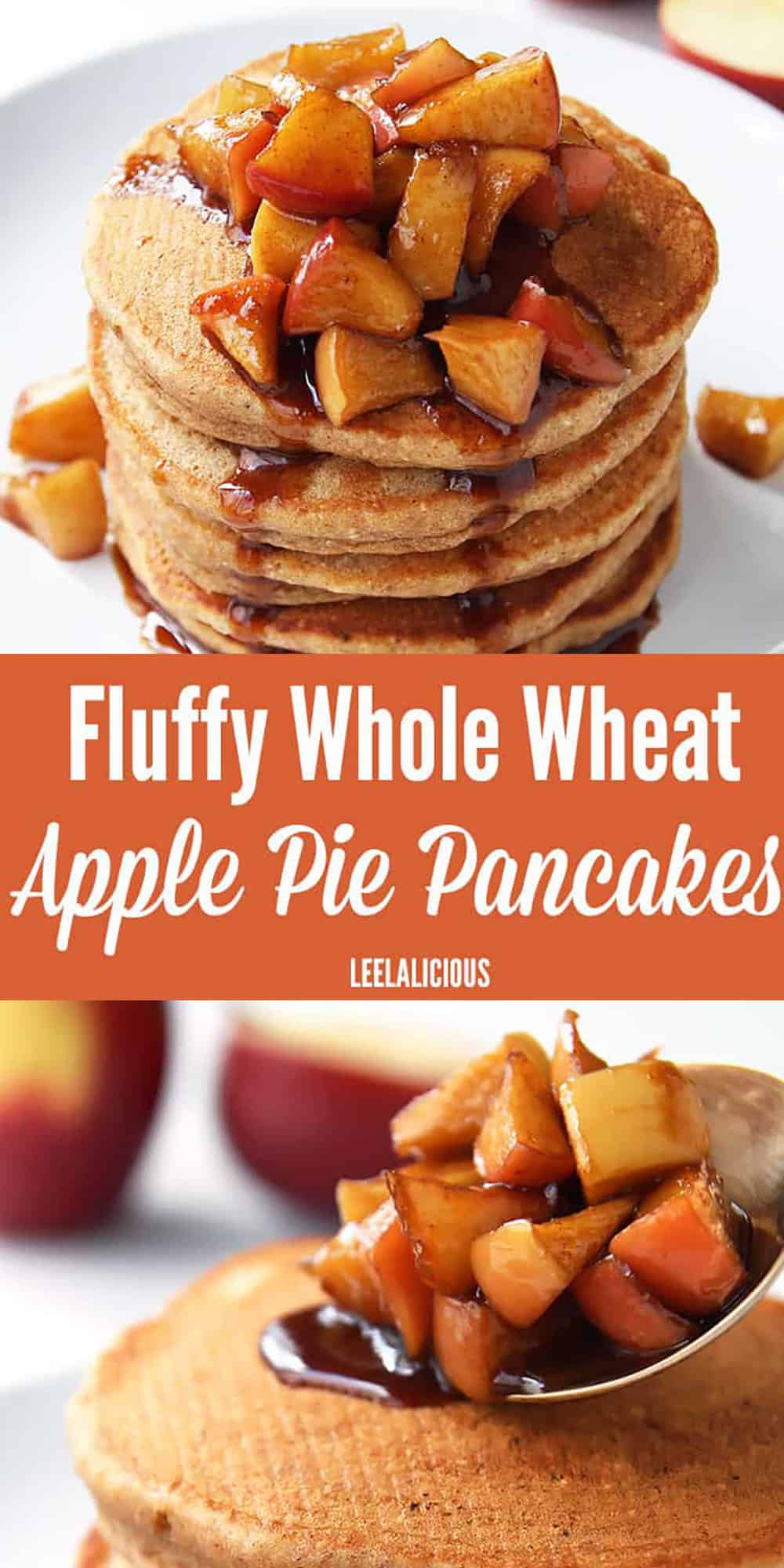 Fluffy Whole Wheat Apple Pie Pancakes paired with a delicious Apple Caramel Topping. A wholesome dessert-for-breakfast recipe that is refined sugar free.