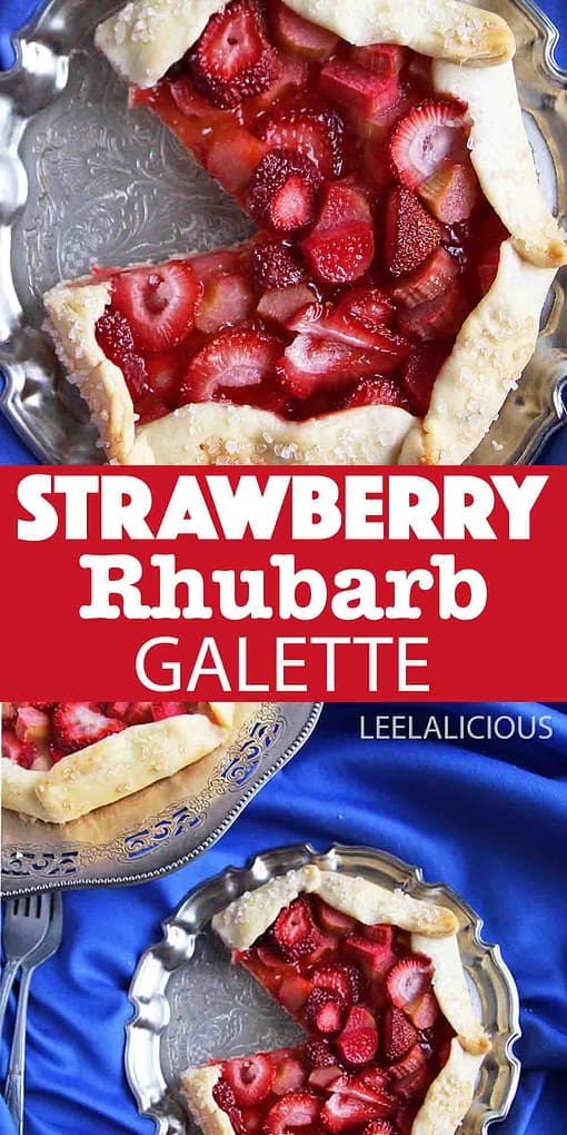 strawberry rhubarb galette on metal stand