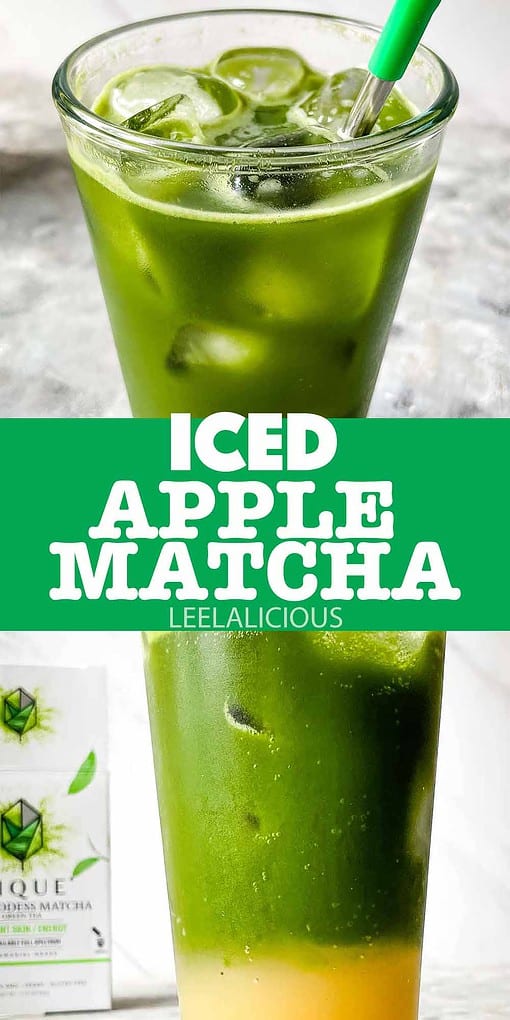 Apple Matcha in tall glass with ice cubes