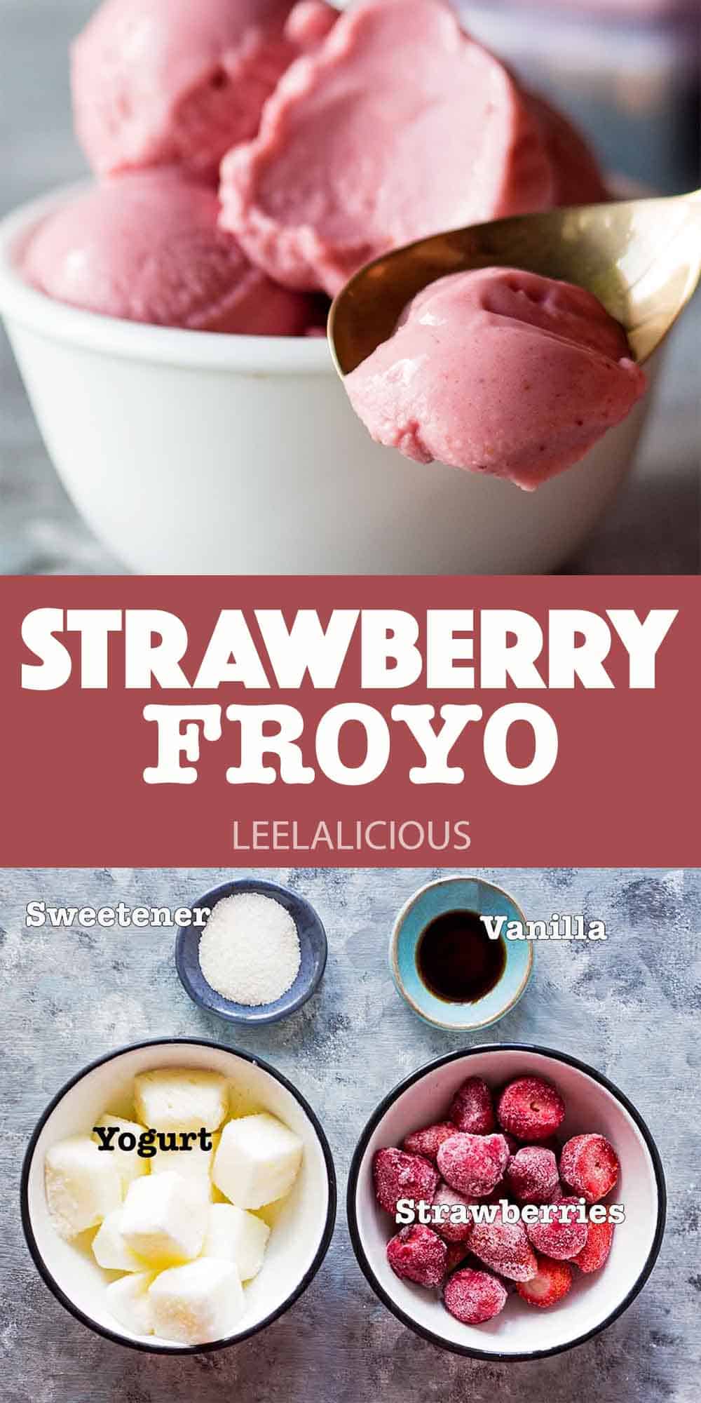 strawberry frozen yogurt scoops in bowl and ingredients laid out in individual bowls