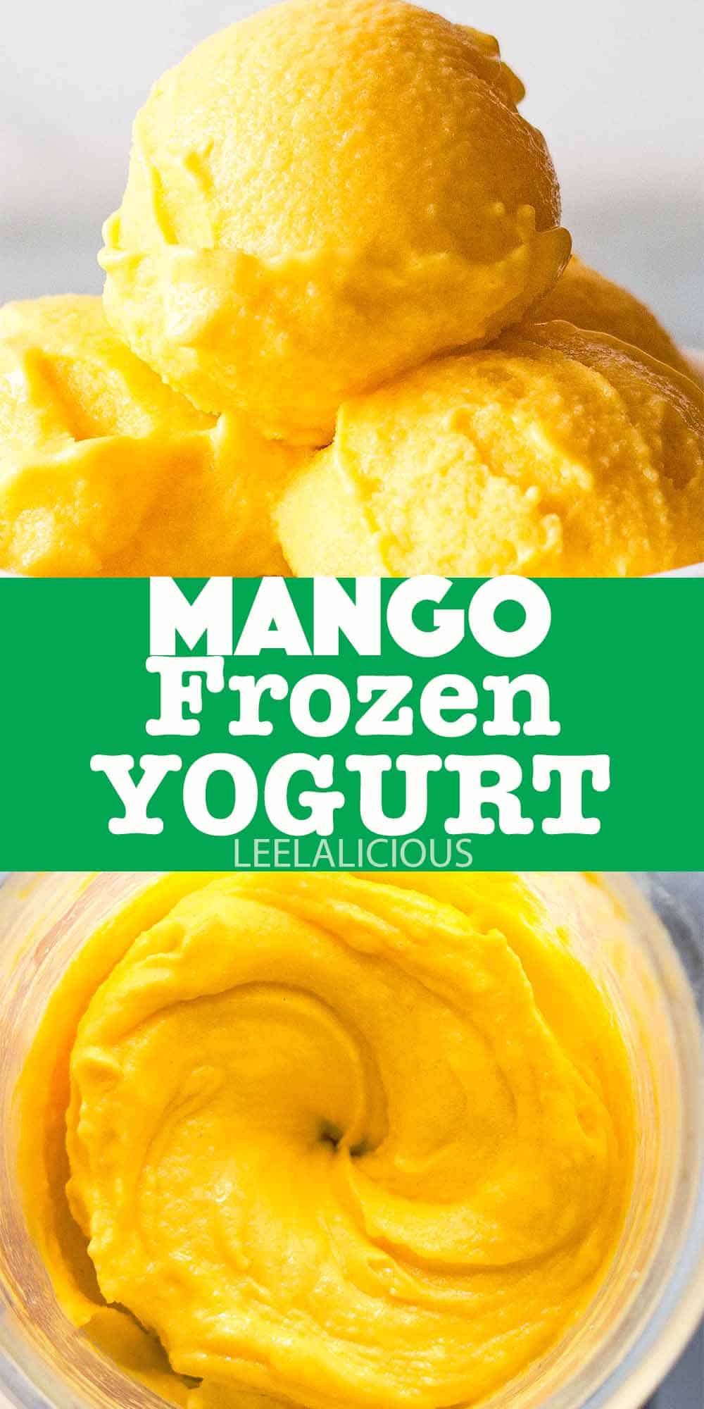 mango frozen yogurt scoops in bowl and in blender