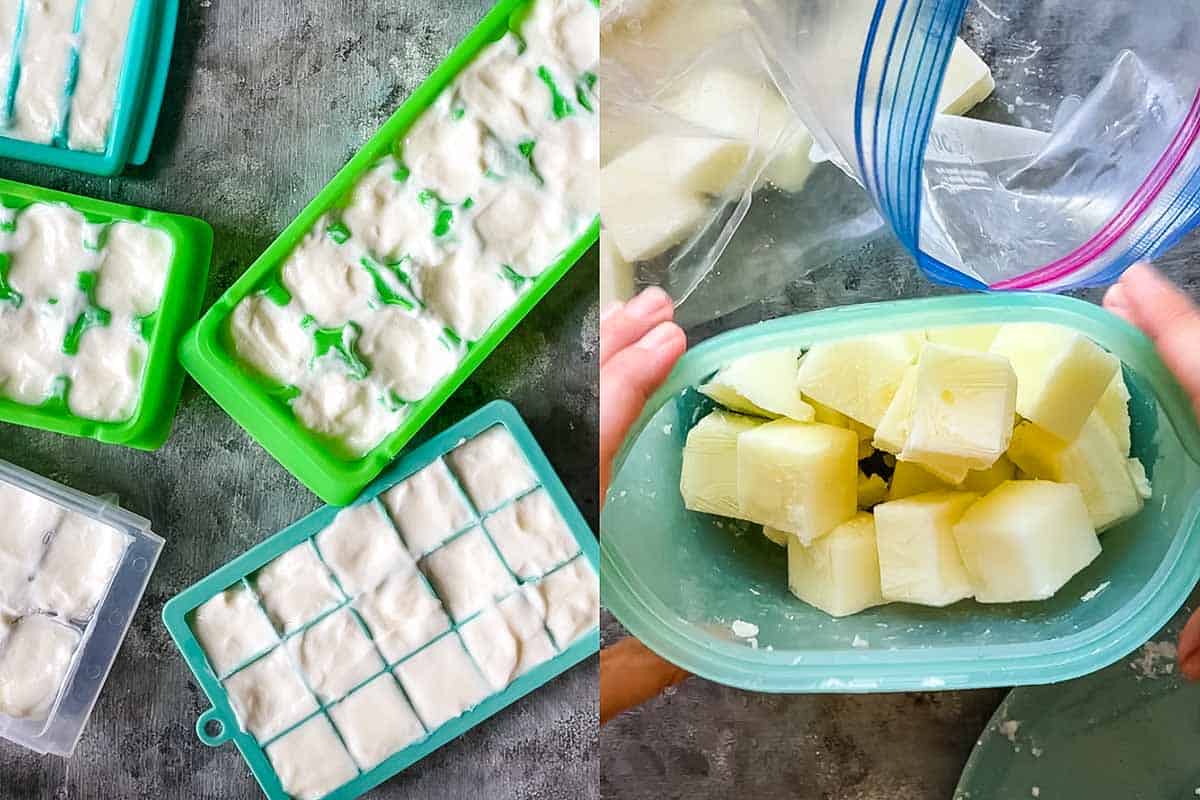 ice cube tray with yogurt and popped yogurt cubes in zipper bag