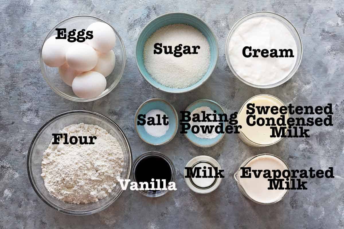 Ingredients for tres leches cake in individual bowls
