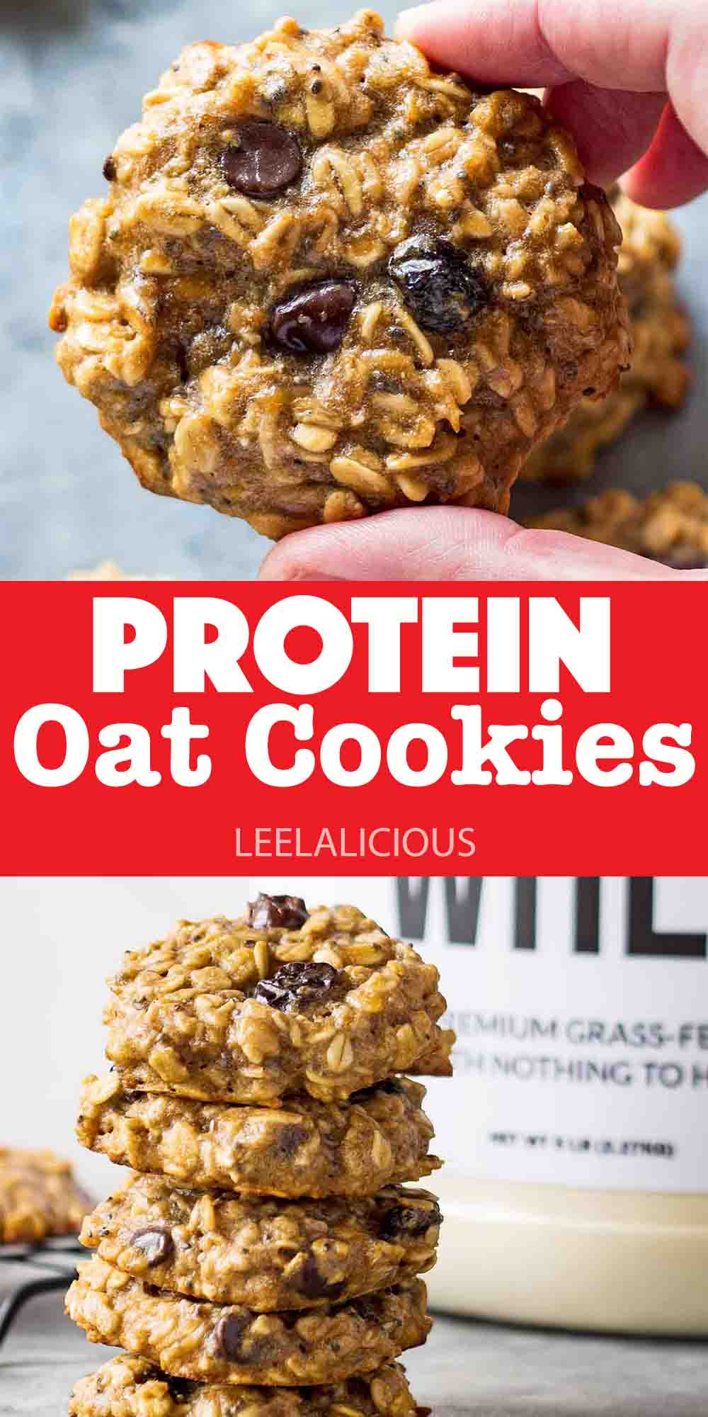 hand holding protein oat cookies and stack of oatmeal cookies