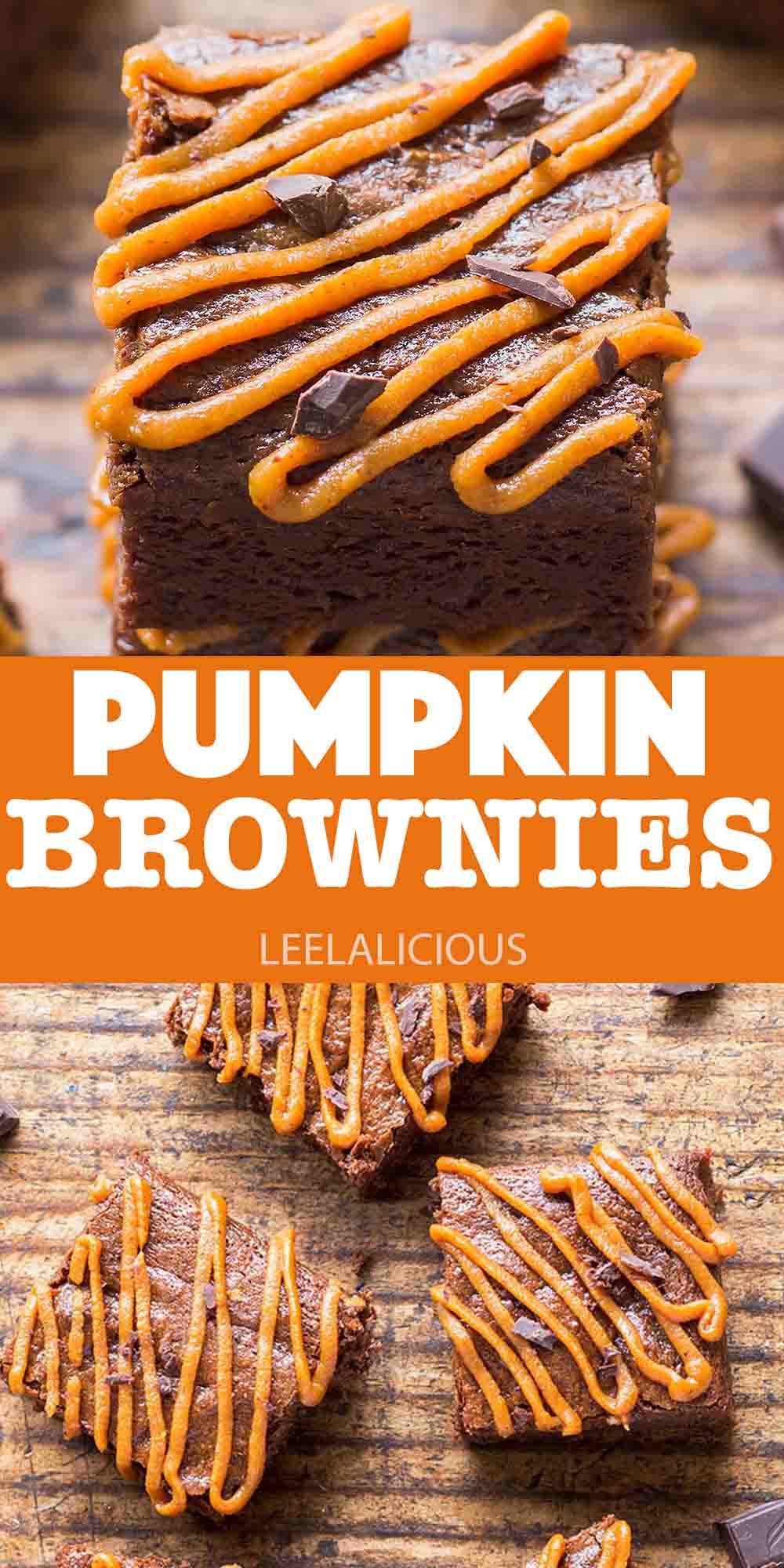 Pumpkin Chocolate Brownies topped with drizzle of pumpkin frosting