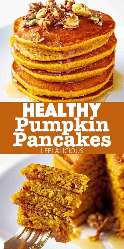 stack of pumpkin pancakes with praline topping