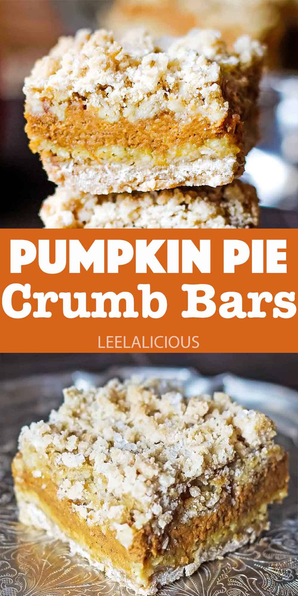 Pumpkin pie bars with cookie crust, pumpkin filling layer and crumble topping