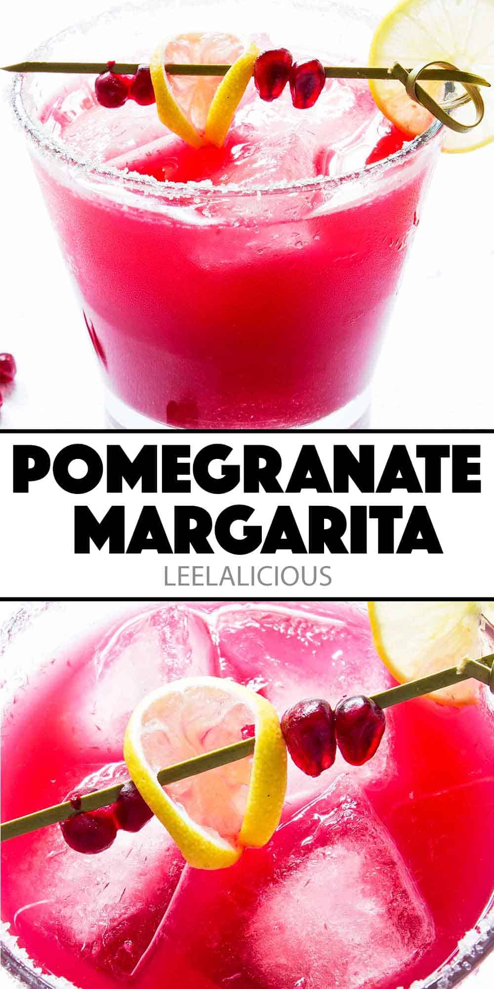 bright pink pomegranate margarita with decorated bamboo stir stick