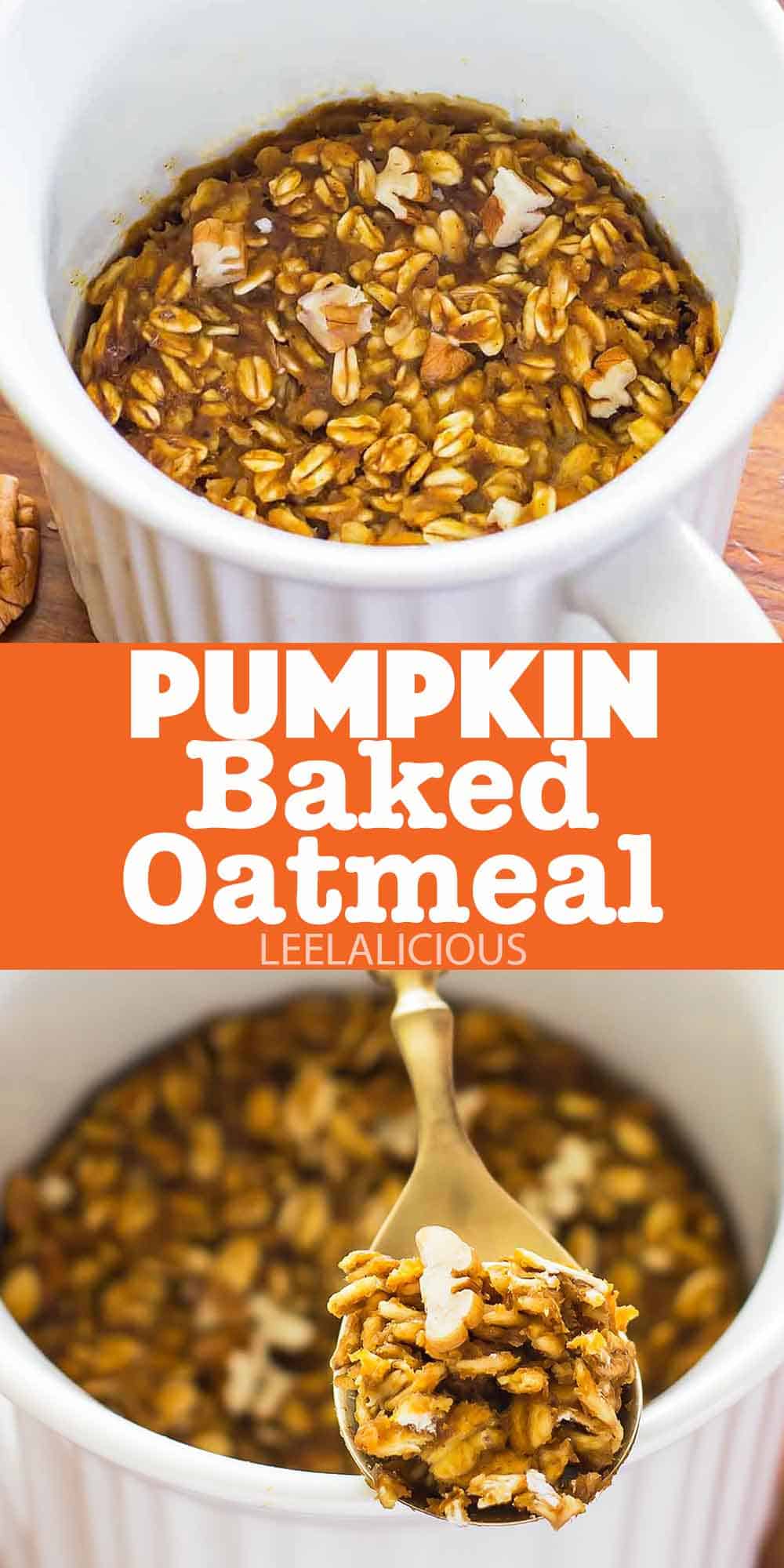 Single serving of pumpkin baked oatmeal in a mug and on a spoon