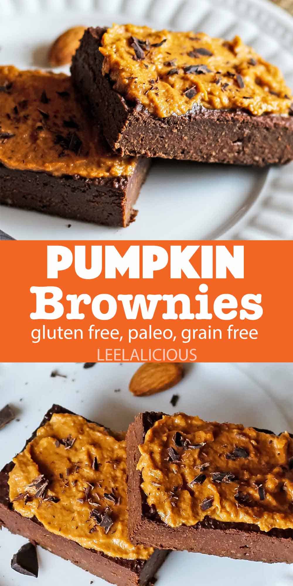 two pieces of paleo pumpkin brownies with pumpkin frosting on white plate