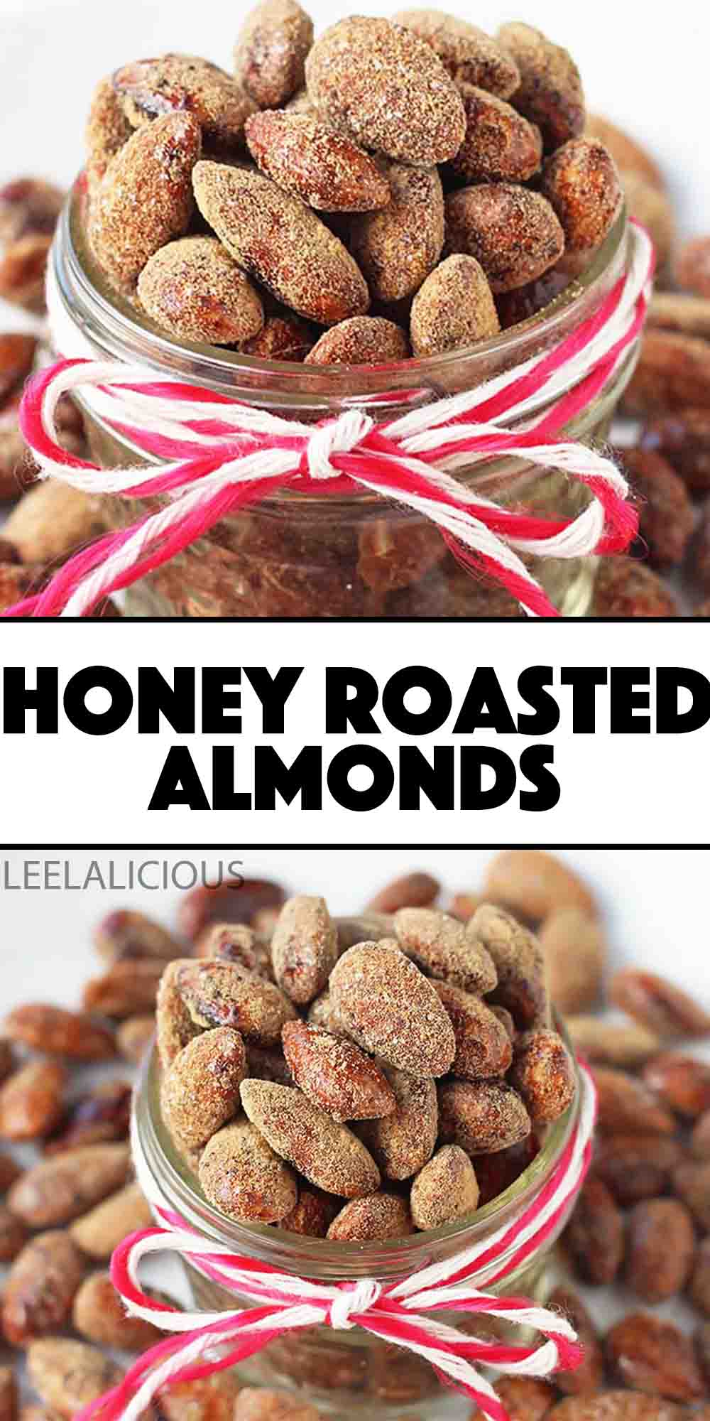 honey roasted almonds in  glass jar with red and white string tied into bow