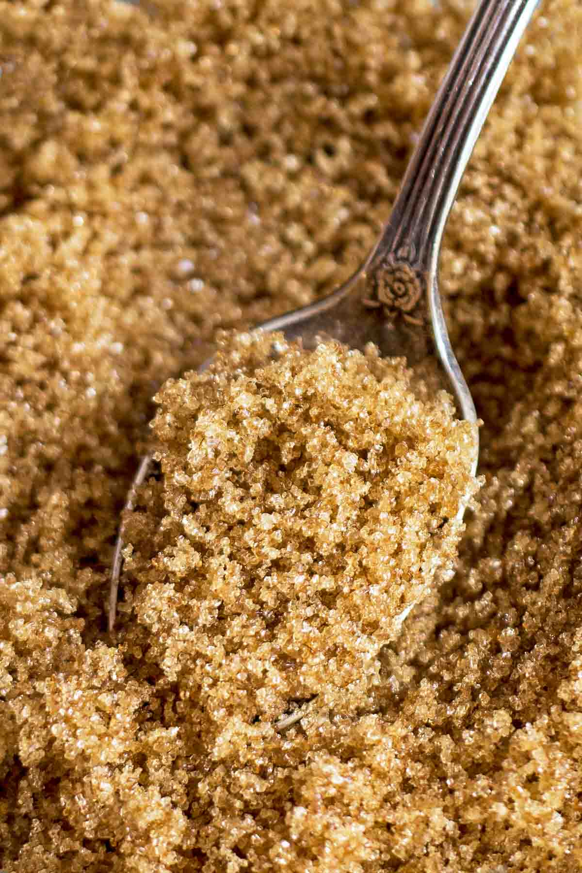 close up of homemade brown sugar in bowl and on spoon