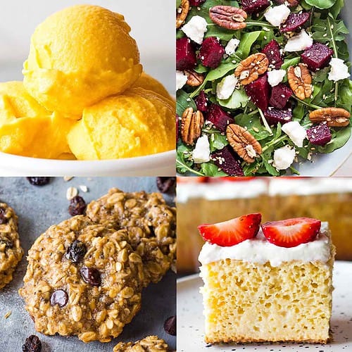 image collage of mango frozen yogurt, salad, cookie, and cake
