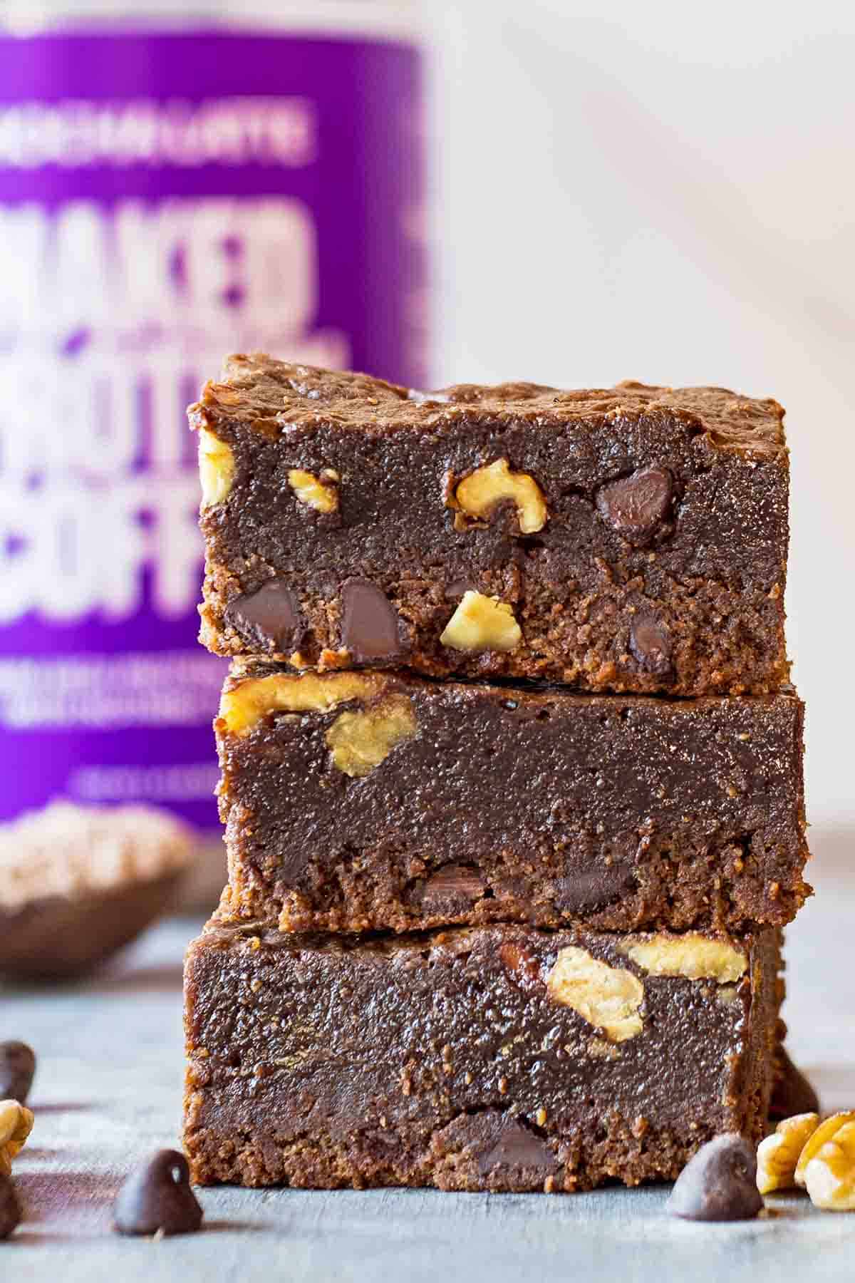 three chocolate protein brownies stacked