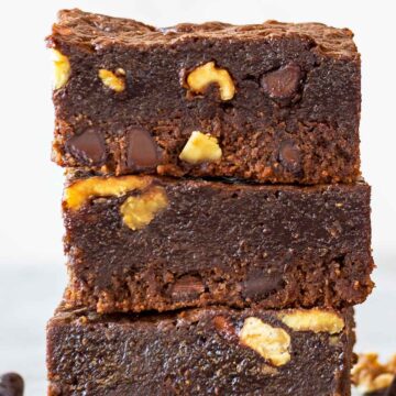 stack of protein brownies with chocolate chips and nuts