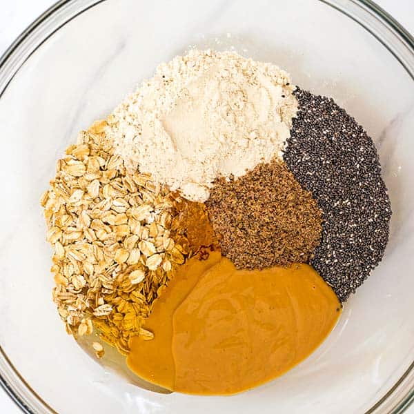 protein energy bite ingredients in large glass bowl