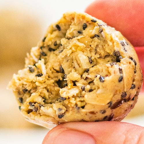 no bake protein ball held by fingers