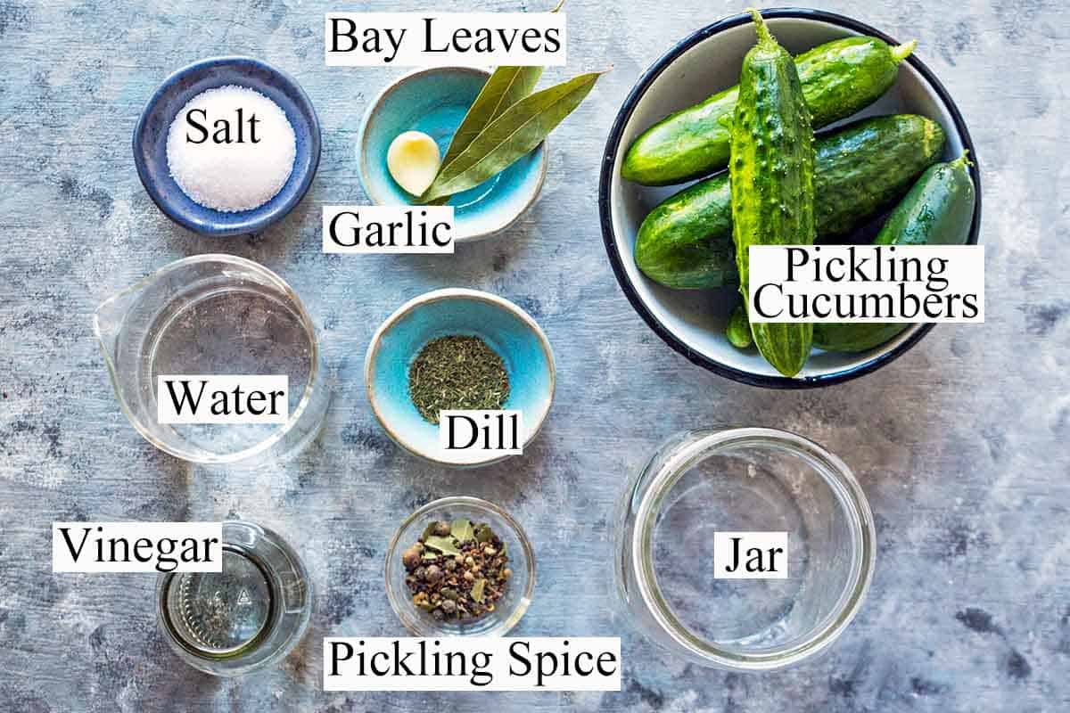 ingredients for quick pickles laid out in individual bowls