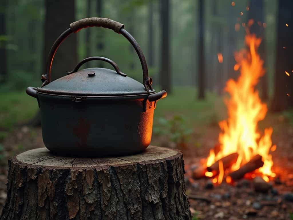 Classic Dutch Oven next to camping fire