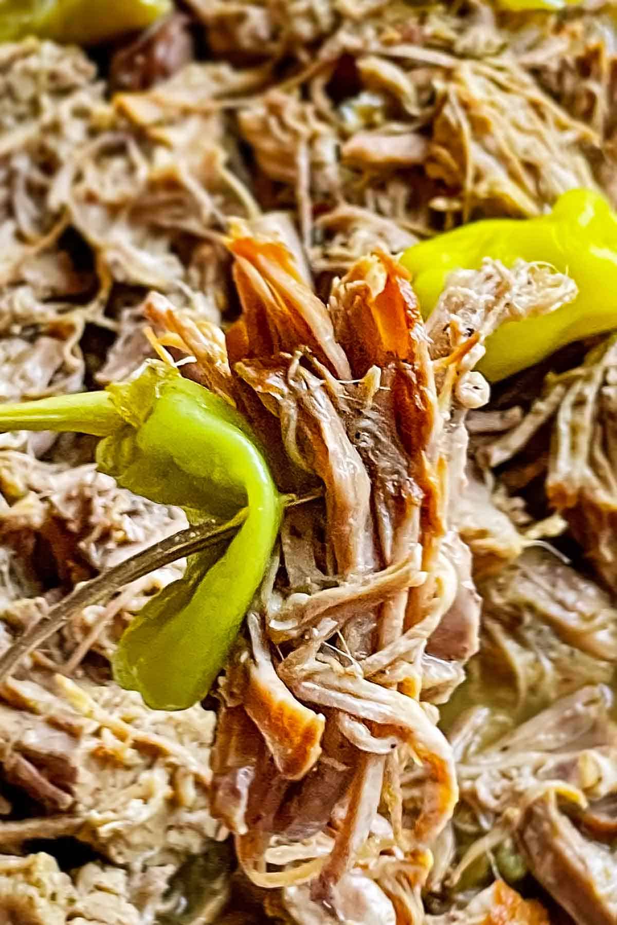 closeup of shredded mississippi pot roast on fork